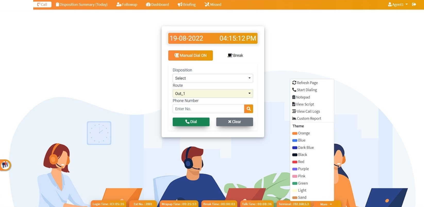 Inwider Technologies call center software agent dashboard with dialer and call controls